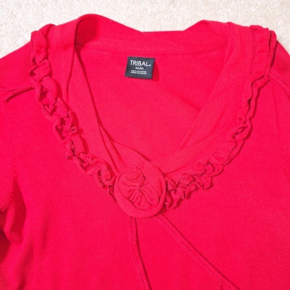 Tribal Long Sleeve Ruffle Trim V-Neck Sweater‎ – Red – Size M - Picture 4 of 6